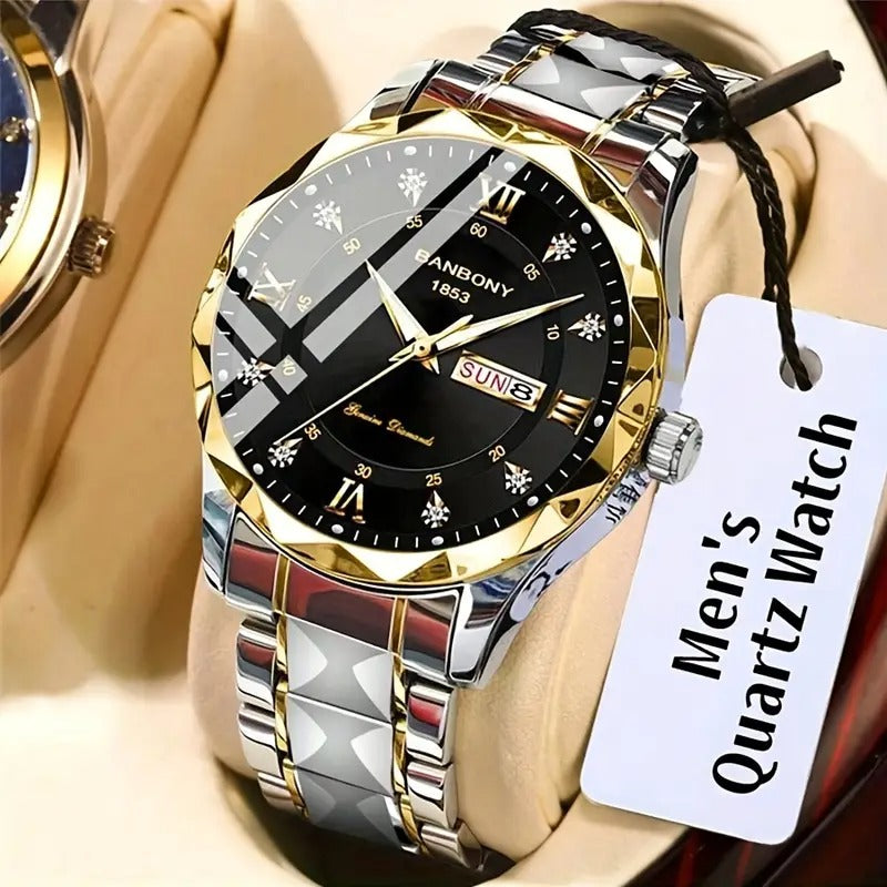 1pc Stainless Steel Strap Men's Roman Numerals Dial Rhinestones Multifunctional Watch