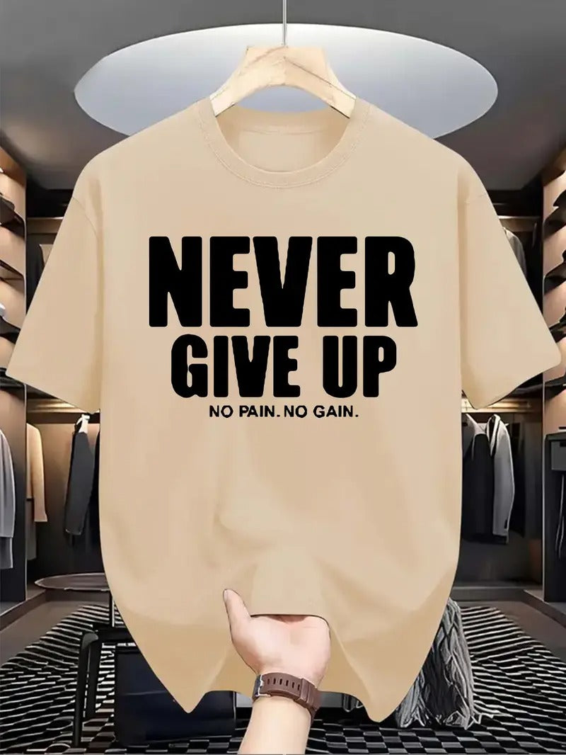 Men's Motivational "NEVER GIVE UP" Graphic Print Short Sleeve T-Shirt - Dark Green, Regular Fit, Round Neck, Summer Casual