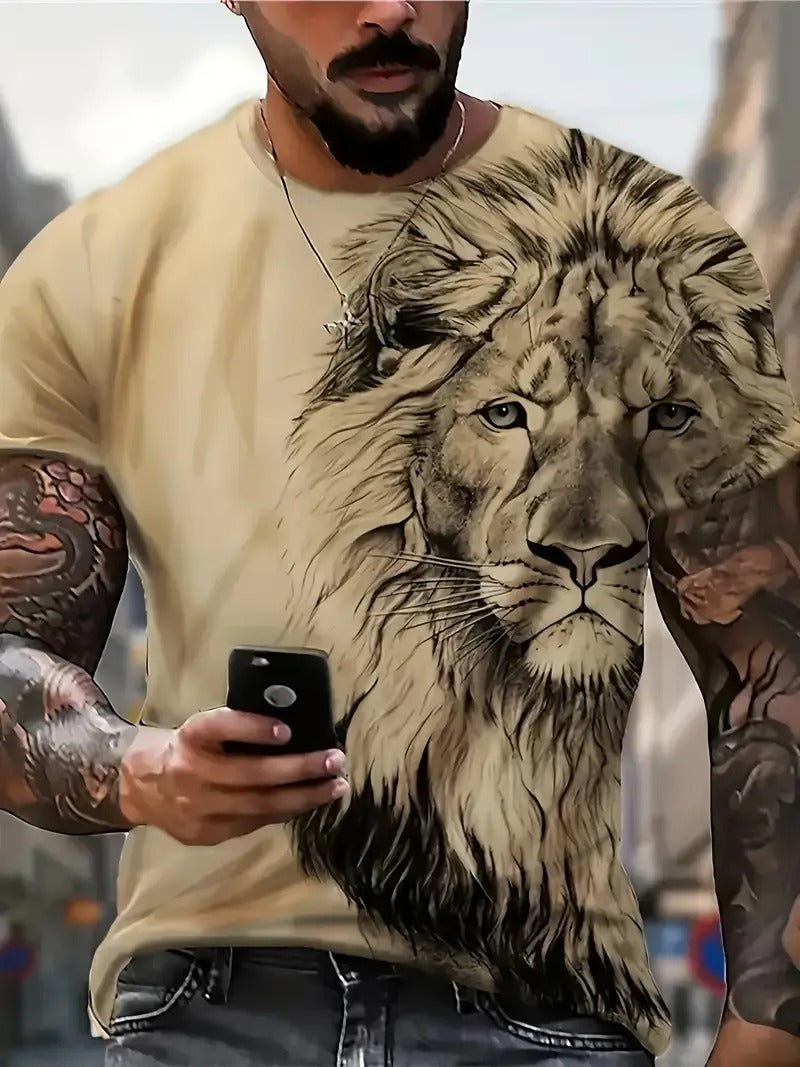 Men's Bold Lion 3D Print T-Shirt - Oversized, Short Sleeve, Crew Neck Tee with Asymmetrical Design