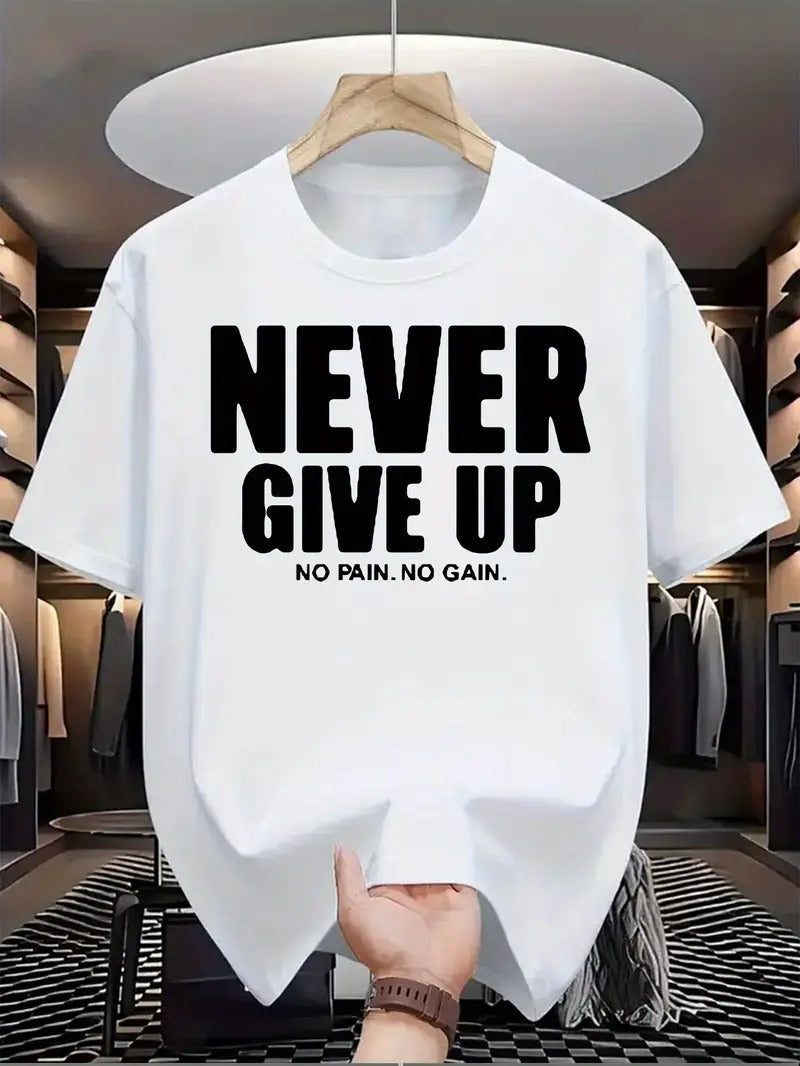 Men's Motivational "NEVER GIVE UP" Graphic Print Short Sleeve T-Shirt - Dark Green, Regular Fit, Round Neck, Summer Casual
