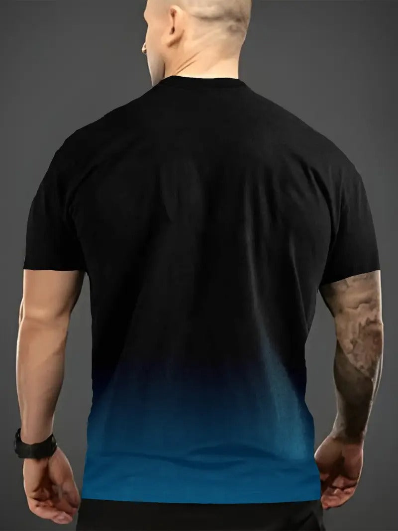 Men's Gradient Black to Blue Short-Sleeve Crewneck T-Shirt - Lightweight Polyester, Summer Casual Wear, Machine Washable