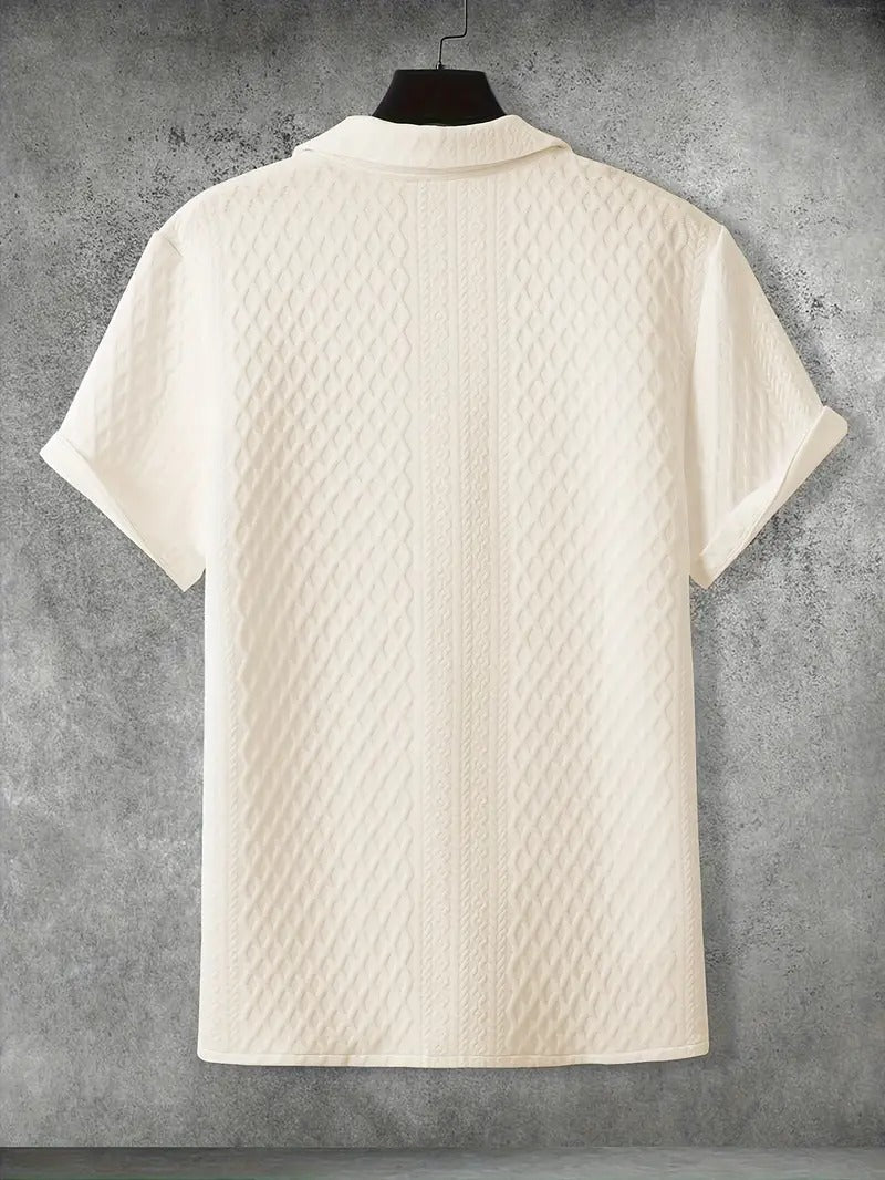 Men's Breathable Casual Turnover Short Sleeve T-shirt, Simple Carved Pattern, Lightweight and Stylish