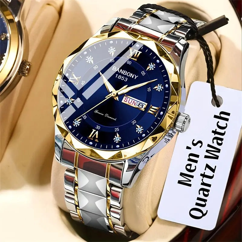 1pc Stainless Steel Strap Men's Roman Numerals Dial Rhinestones Multifunctional Watch