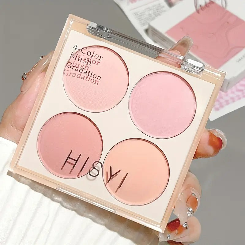 HISYI 4-Color Blush Palette - Low-Saturation Soft Gradient Matte Finish, Light Pink to Purple Shades, Vibrant Yet Natural Look