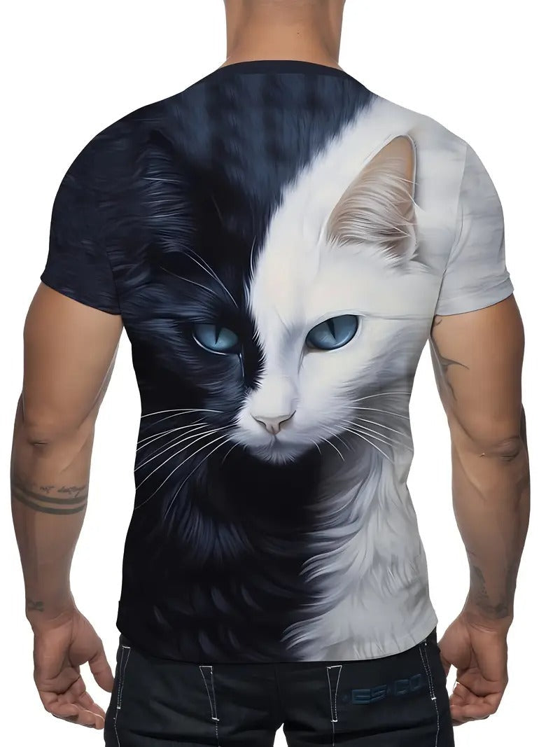 Men'S 3D Cat Print T-Shirt, Casual Crew Neck, Polyester 90% Spandex 10% Knit Fabric, Slight Stretch