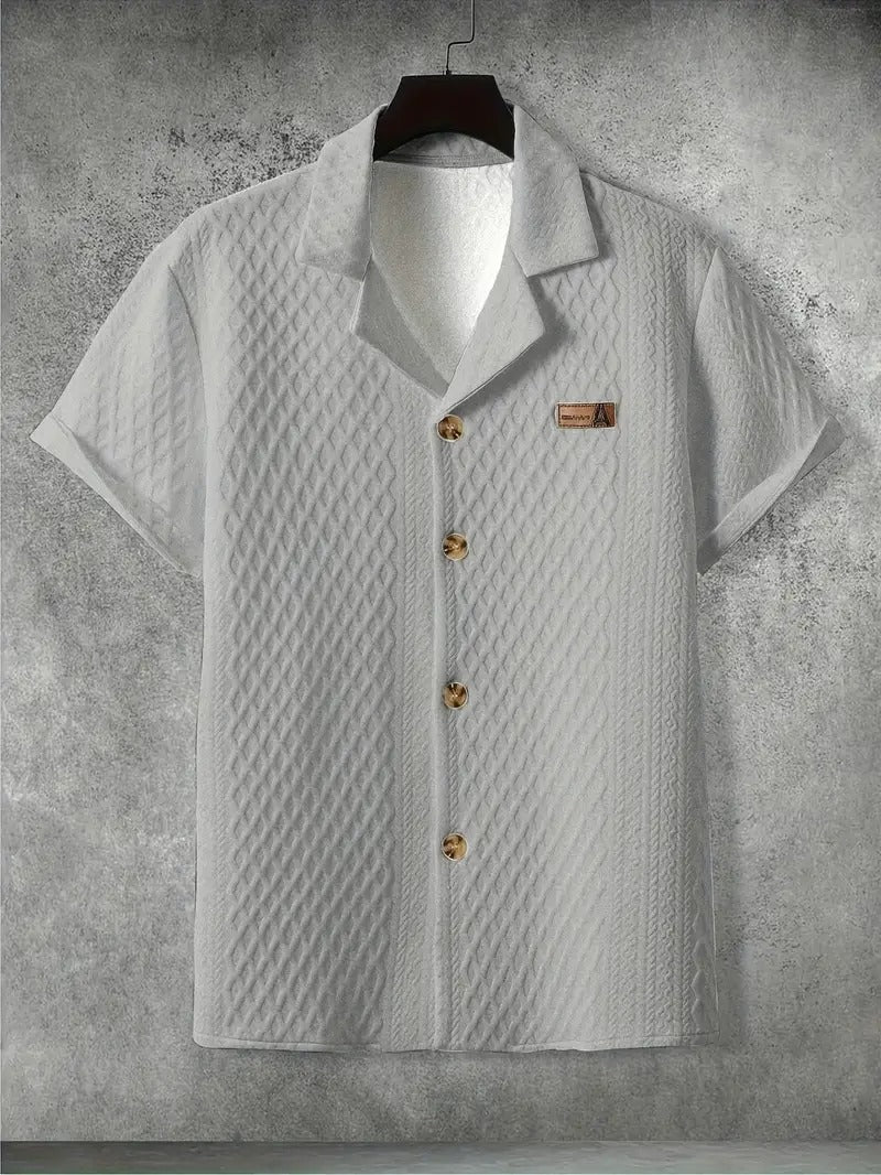 Men's Breathable Casual Turnover Short Sleeve T-shirt, Simple Carved Pattern, Lightweight and Stylish