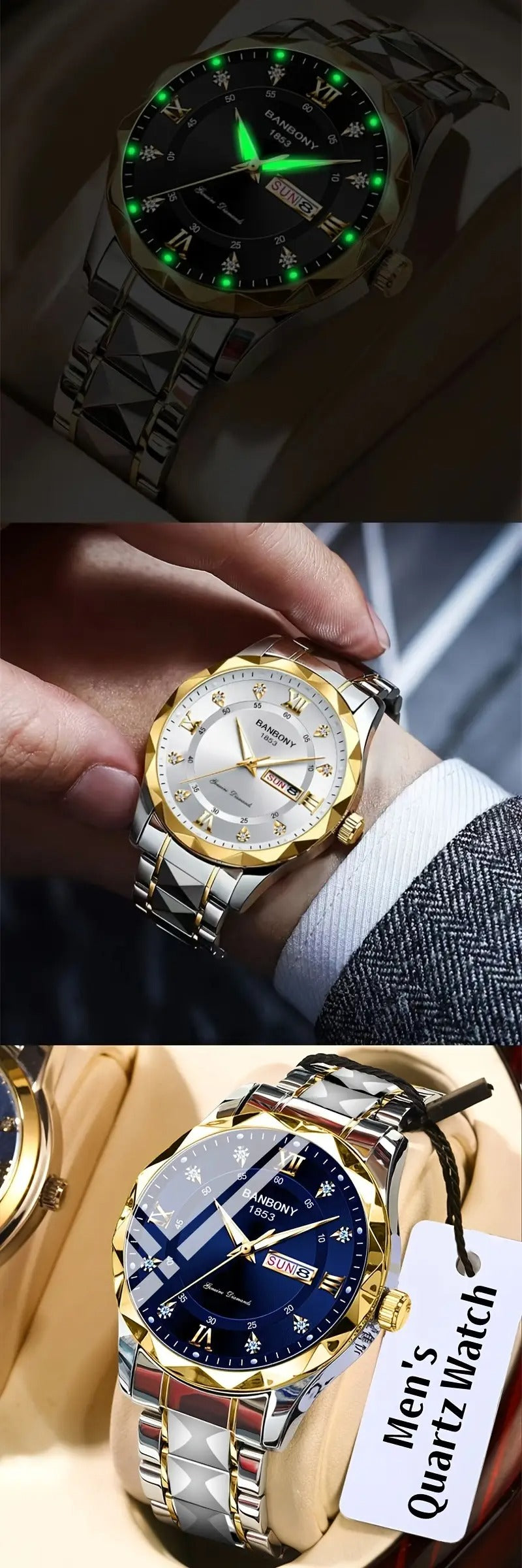 1pc Stainless Steel Strap Men's Roman Numerals Dial Rhinestones Multifunctional Watch