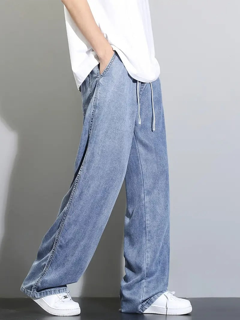 Men's Lyocell Denim Jeans, Lightweight and Breathable for Spring and Summer, Loose and Comfortable, Slightly Elastic, with Drawstring at Waist, Washable, Tall and Slimming