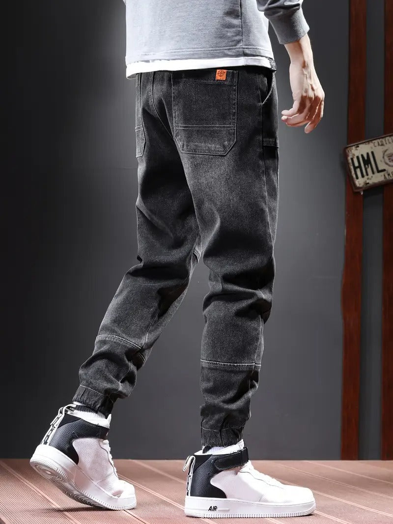 Men's Chic Cargo Jeans, Letter Print Men's Loose Denim Trousers With Multi Pockets, Spring Fall Outdoor