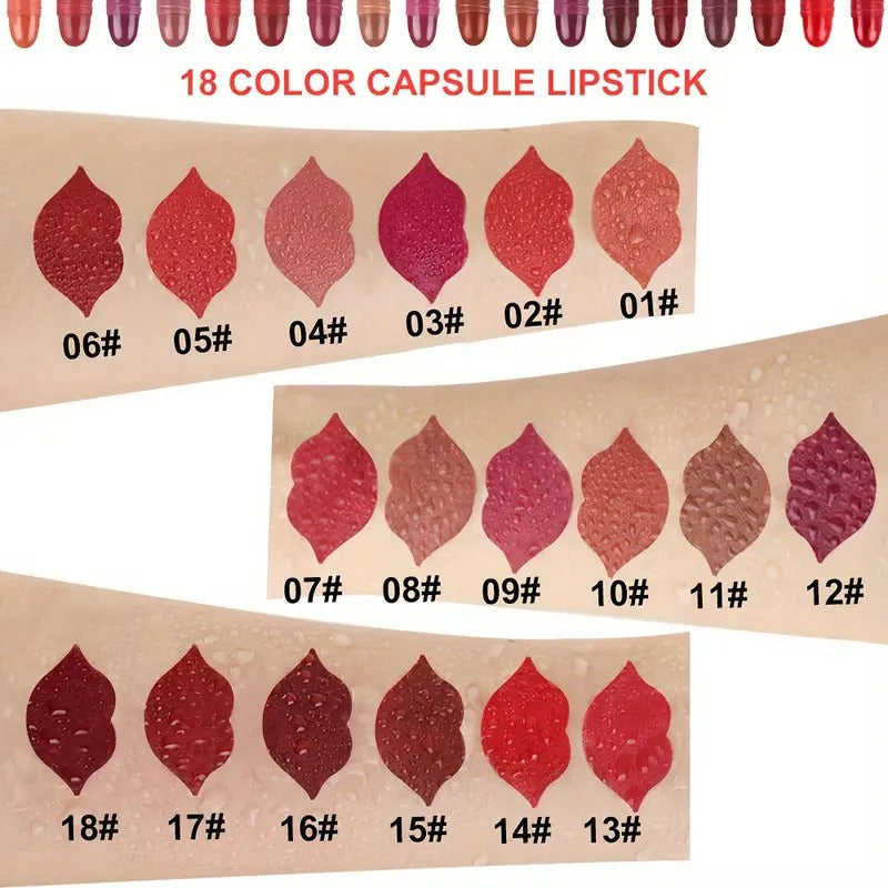 Set of 18 Colorful Capsule Lipstick Pills, Including Waterproof And Long-Lasting Lip Gloss, Sparkling Glitter Lipstick, And Shiny Lip Oil