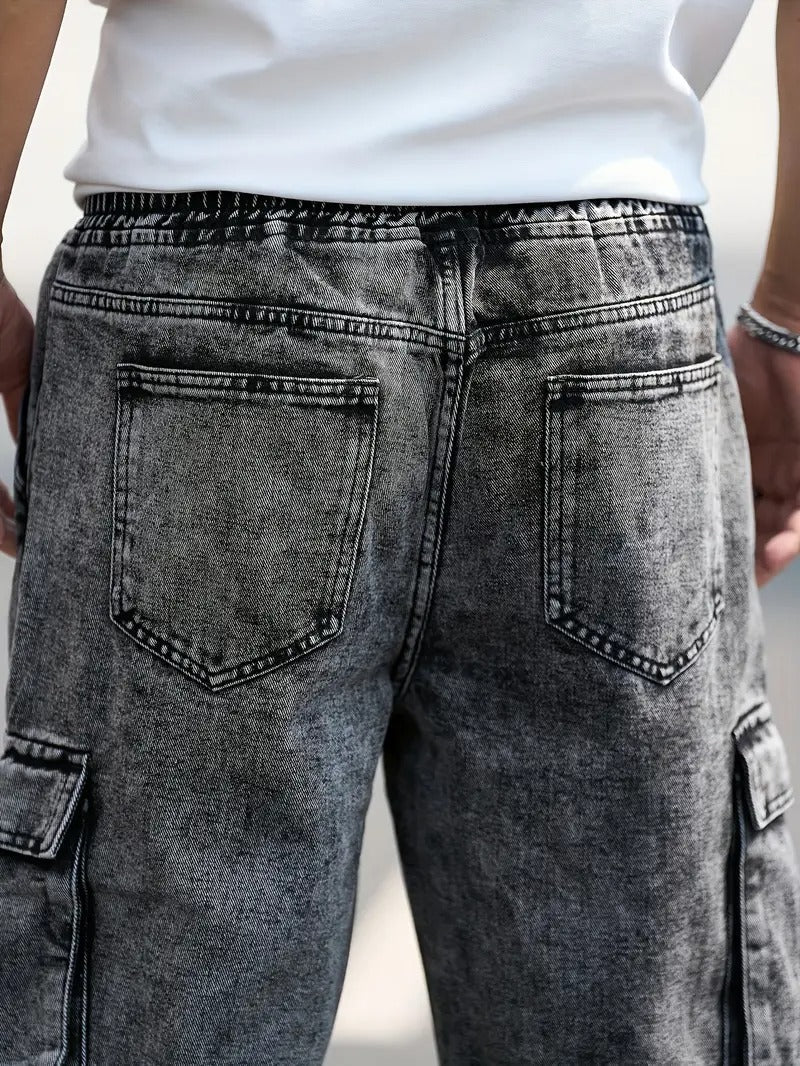 Men's Casual Denim Jeans with Adjustable Elastic Waist, Flap Pockets & Washed Finish