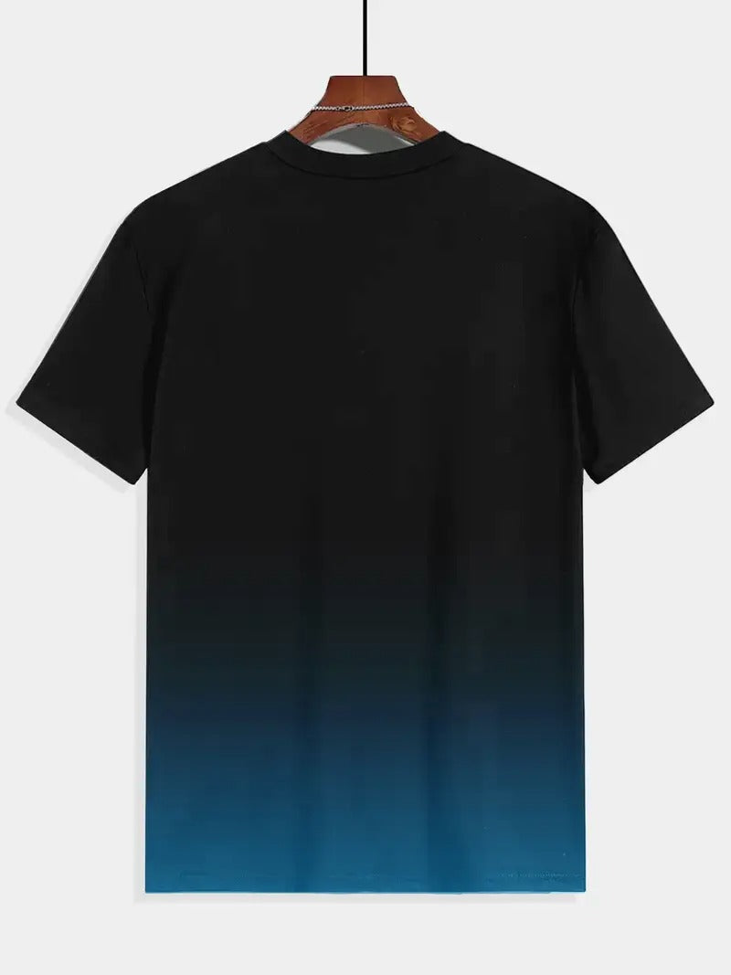 Men's Gradient Black to Blue Short-Sleeve Crewneck T-Shirt - Lightweight Polyester, Summer Casual Wear, Machine Washable