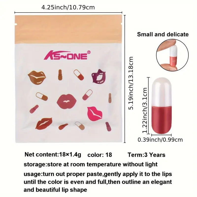 Set of 18 Colorful Capsule Lipstick Pills, Including Waterproof And Long-Lasting Lip Gloss, Sparkling Glitter Lipstick, And Shiny Lip Oil