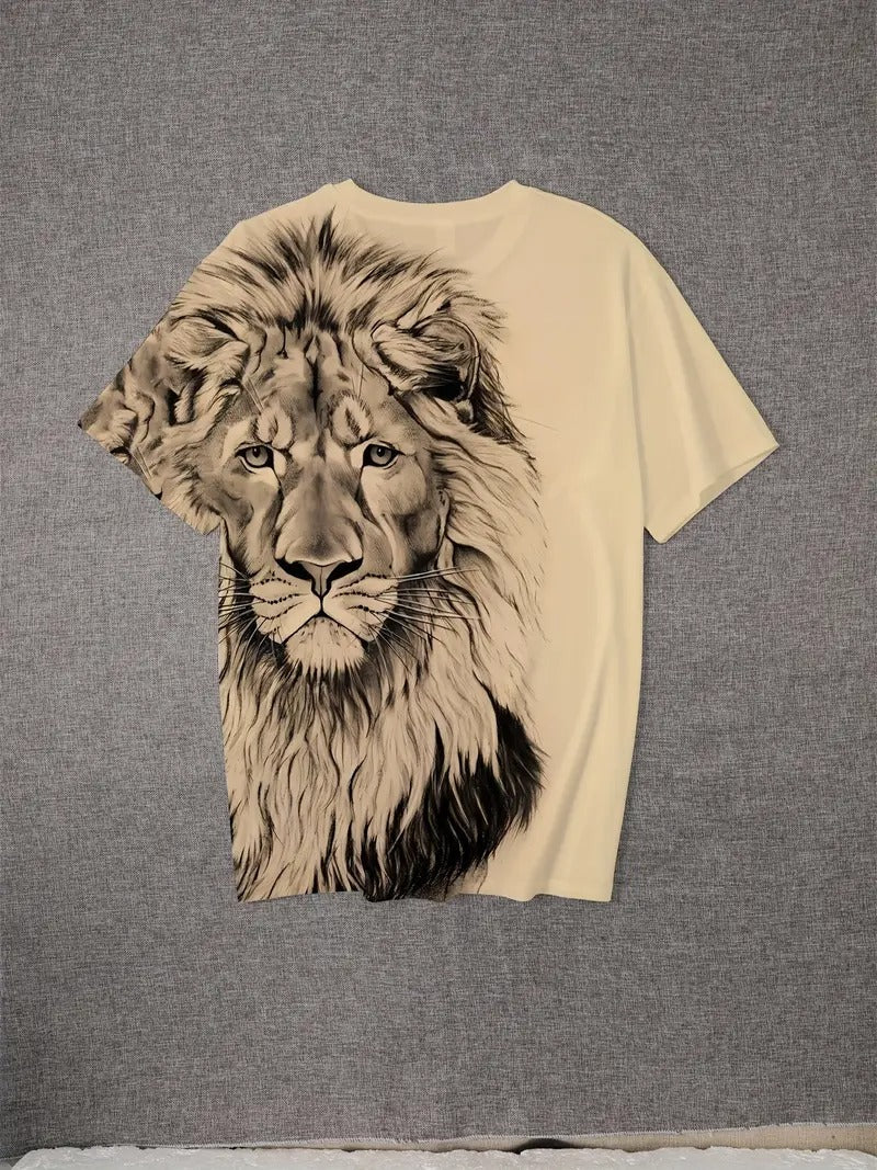 Men's Bold Lion 3D Print T-Shirt - Oversized, Short Sleeve, Crew Neck Tee with Asymmetrical Design
