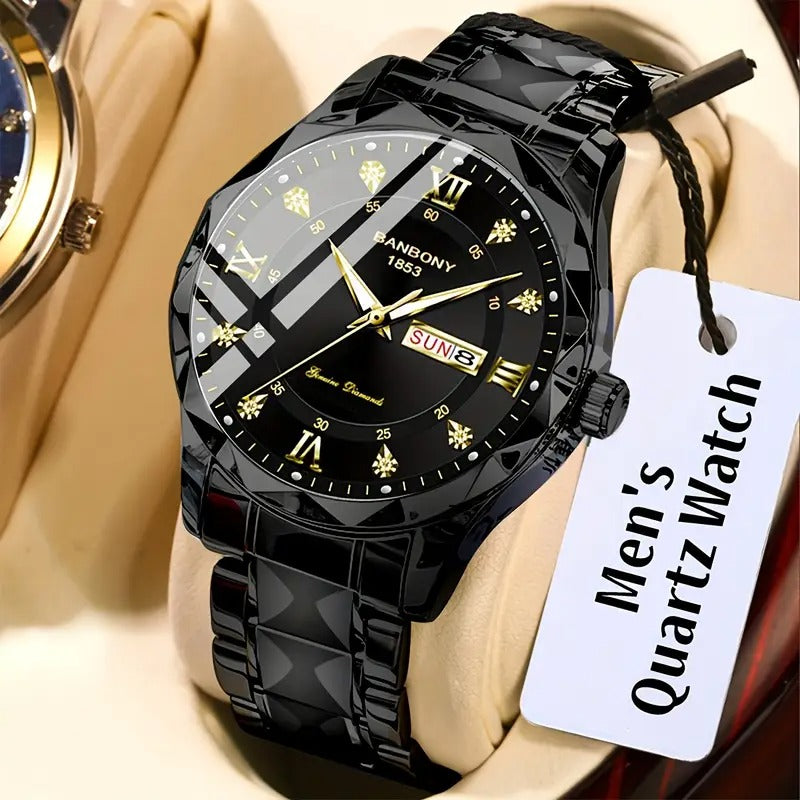 1pc Stainless Steel Strap Men's Roman Numerals Dial Rhinestones Multifunctional Watch