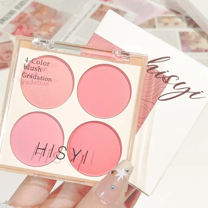 HISYI 4-Color Blush Palette - Low-Saturation Soft Gradient Matte Finish, Light Pink to Purple Shades, Vibrant Yet Natural Look