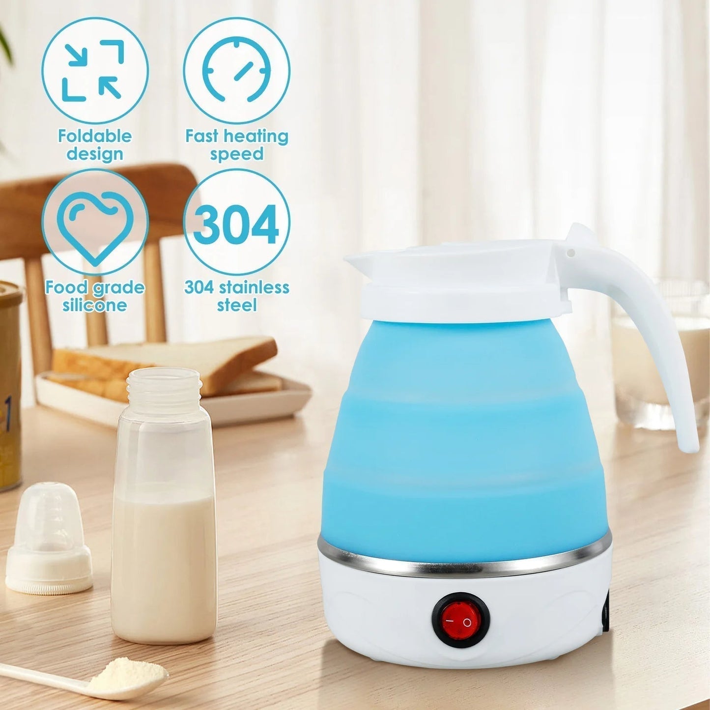 Mini Folding Electric Kettle Portable Leakproof Silicone 600ml 600W