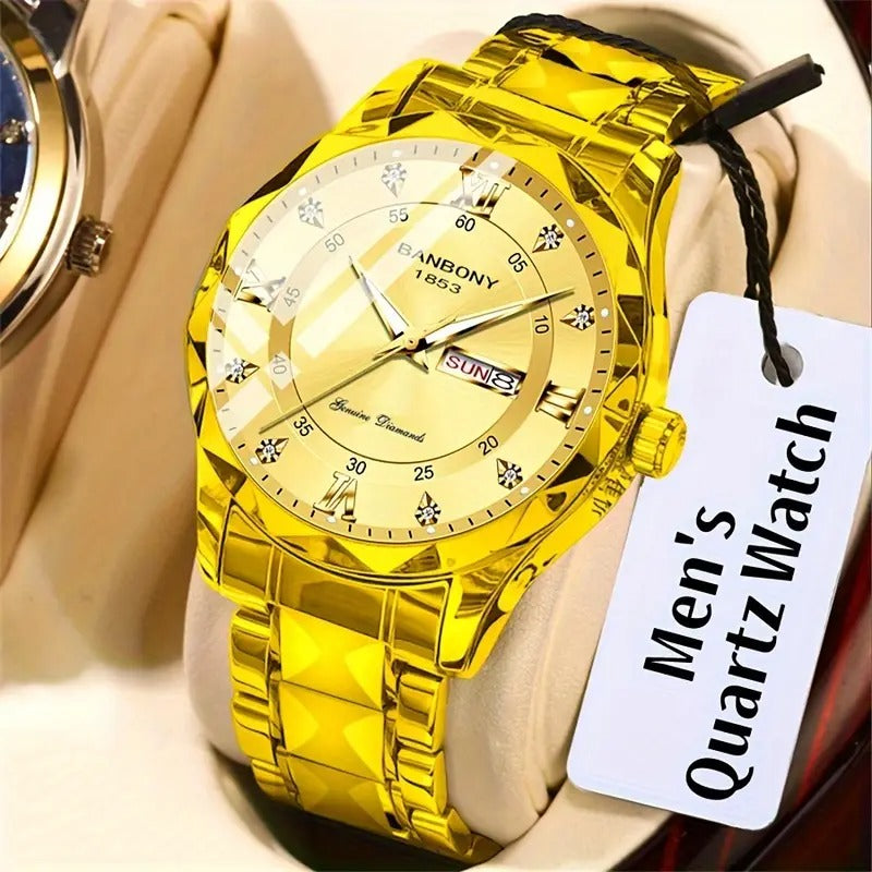 1pc Stainless Steel Strap Men's Roman Numerals Dial Rhinestones Multifunctional Watch