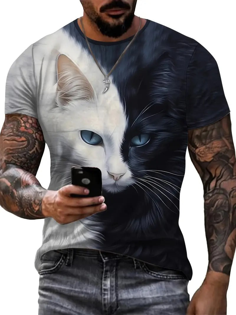 Men'S 3D Cat Print T-Shirt, Casual Crew Neck, Polyester 90% Spandex 10% Knit Fabric, Slight Stretch