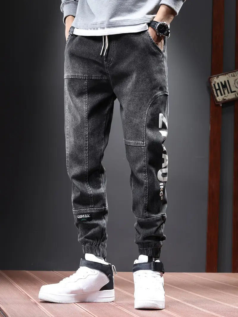 Men's Chic Cargo Jeans, Letter Print Men's Loose Denim Trousers With Multi Pockets, Spring Fall Outdoor