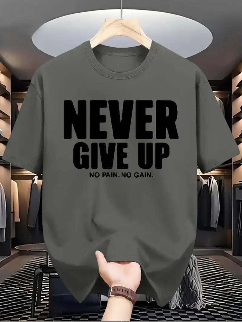 Men's Motivational "NEVER GIVE UP" Graphic Print Short Sleeve T-Shirt - Dark Green, Regular Fit, Round Neck, Summer Casual