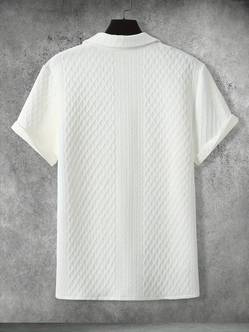 Men's Breathable Casual Turnover Short Sleeve T-shirt, Simple Carved Pattern, Lightweight and Stylish