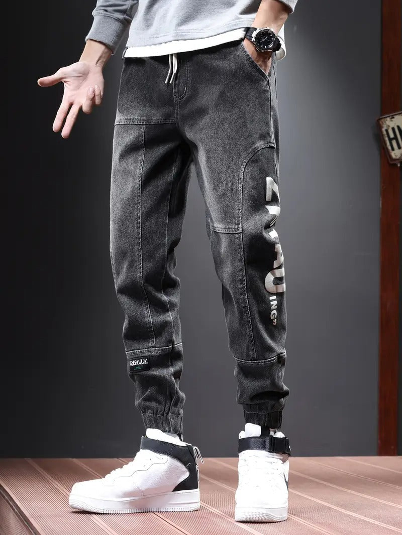 Men's Chic Cargo Jeans, Letter Print Men's Loose Denim Trousers With Multi Pockets, Spring Fall Outdoor