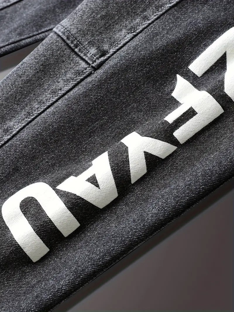 Men's Chic Cargo Jeans, Letter Print Men's Loose Denim Trousers With Multi Pockets, Spring Fall Outdoor