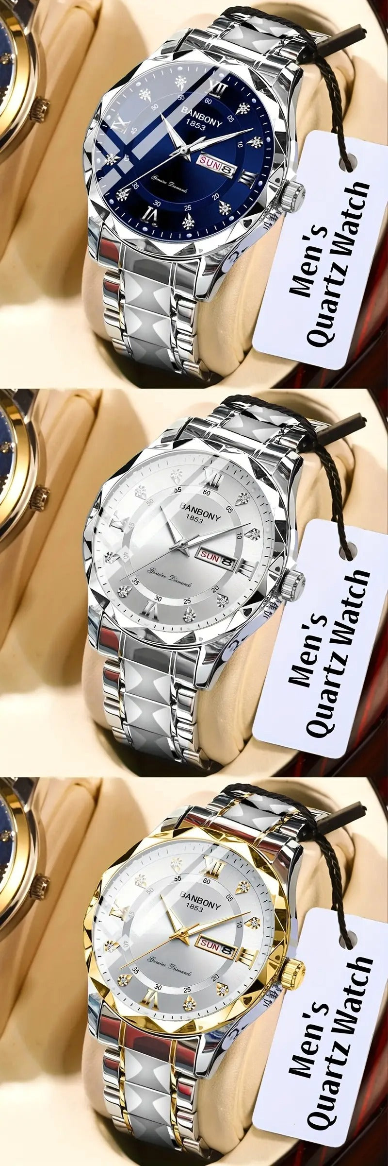 1pc Stainless Steel Strap Men's Roman Numerals Dial Rhinestones Multifunctional Watch