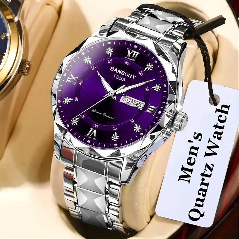 1pc Stainless Steel Strap Men's Roman Numerals Dial Rhinestones Multifunctional Watch