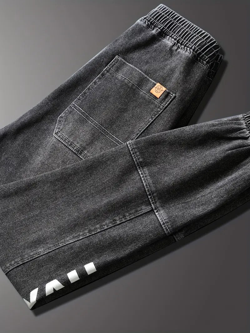 Men's Chic Cargo Jeans, Letter Print Men's Loose Denim Trousers With Multi Pockets, Spring Fall Outdoor