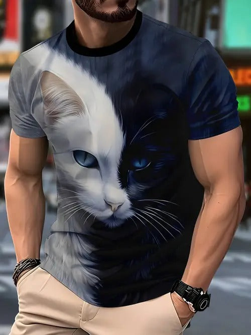 Men'S 3D Cat Print T-Shirt, Casual Crew Neck, Polyester 90% Spandex 10% Knit Fabric, Slight Stretch