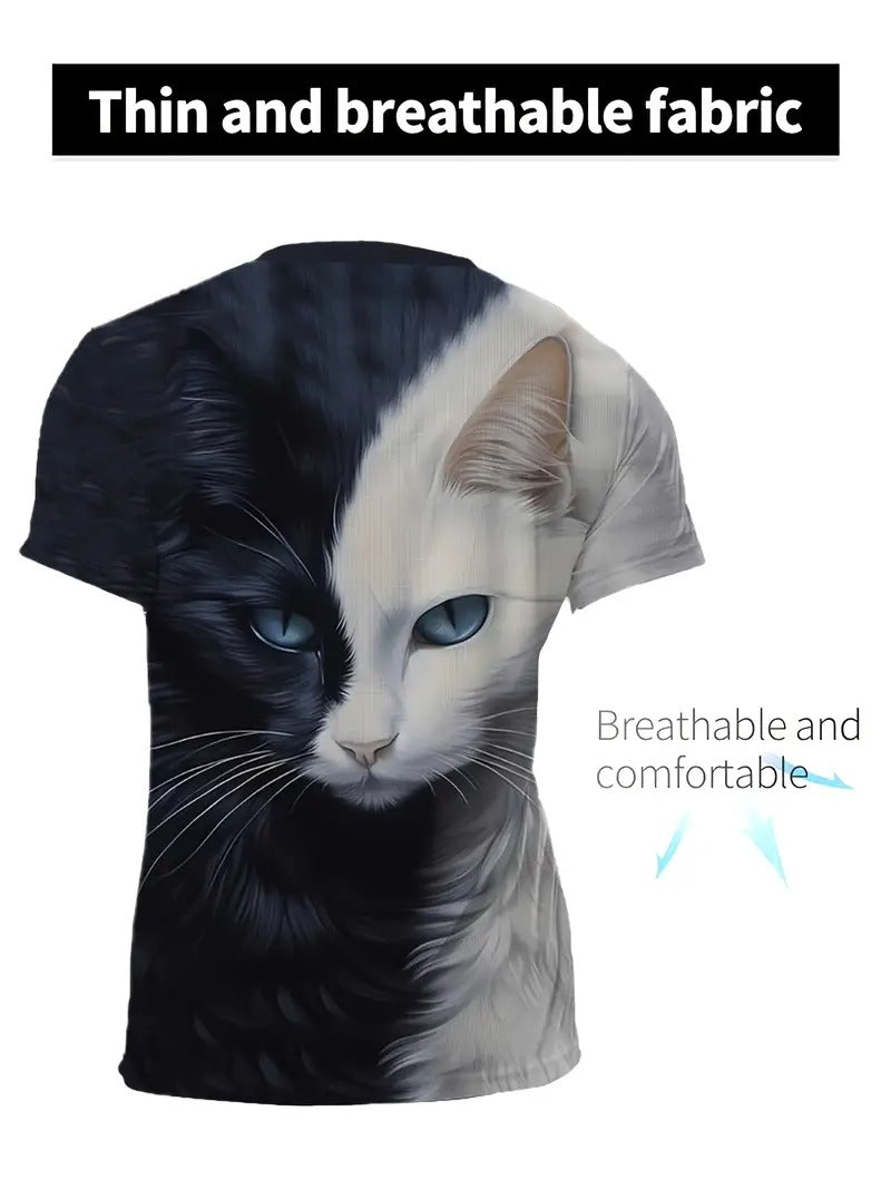 Men'S 3D Cat Print T-Shirt, Casual Crew Neck, Polyester 90% Spandex 10% Knit Fabric, Slight Stretch