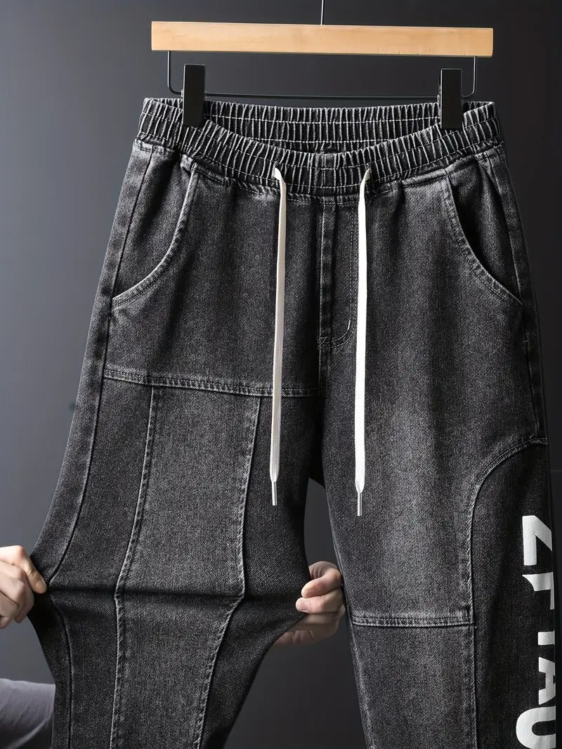Men's Chic Cargo Jeans, Letter Print Men's Loose Denim Trousers With Multi Pockets, Spring Fall Outdoor