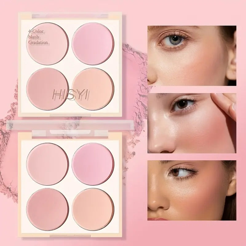 HISYI 4-Color Blush Palette - Low-Saturation Soft Gradient Matte Finish, Light Pink to Purple Shades, Vibrant Yet Natural Look