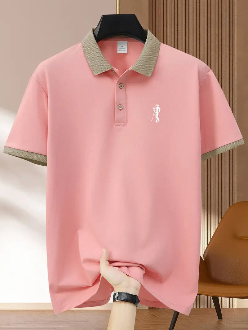New Pattern Hot Selling Khaki Collar Pink Color Matching Fashion Shirt Short Sleeve Turnover Shirt Mature Men's