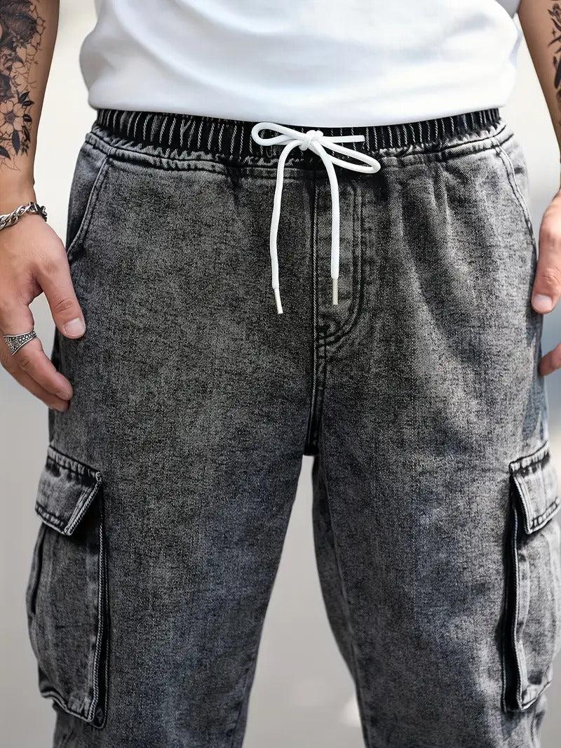 Men's Casual Denim Jeans with Adjustable Elastic Waist, Flap Pockets & Washed Finish