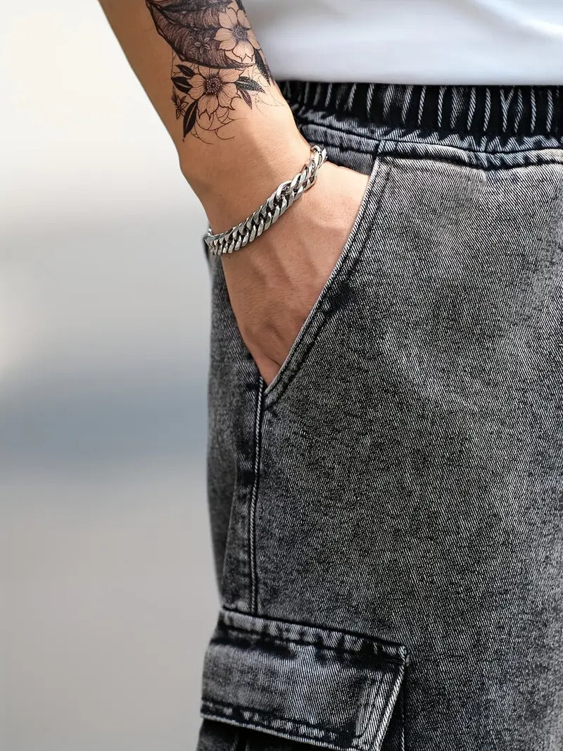 Men's Casual Denim Jeans with Adjustable Elastic Waist, Flap Pockets & Washed Finish