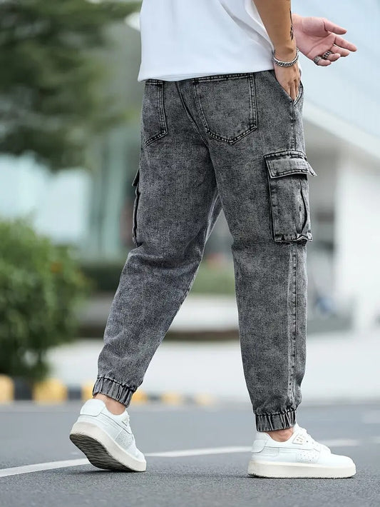 Men's Casual Denim Jeans with Adjustable Elastic Waist, Flap Pockets & Washed Finish