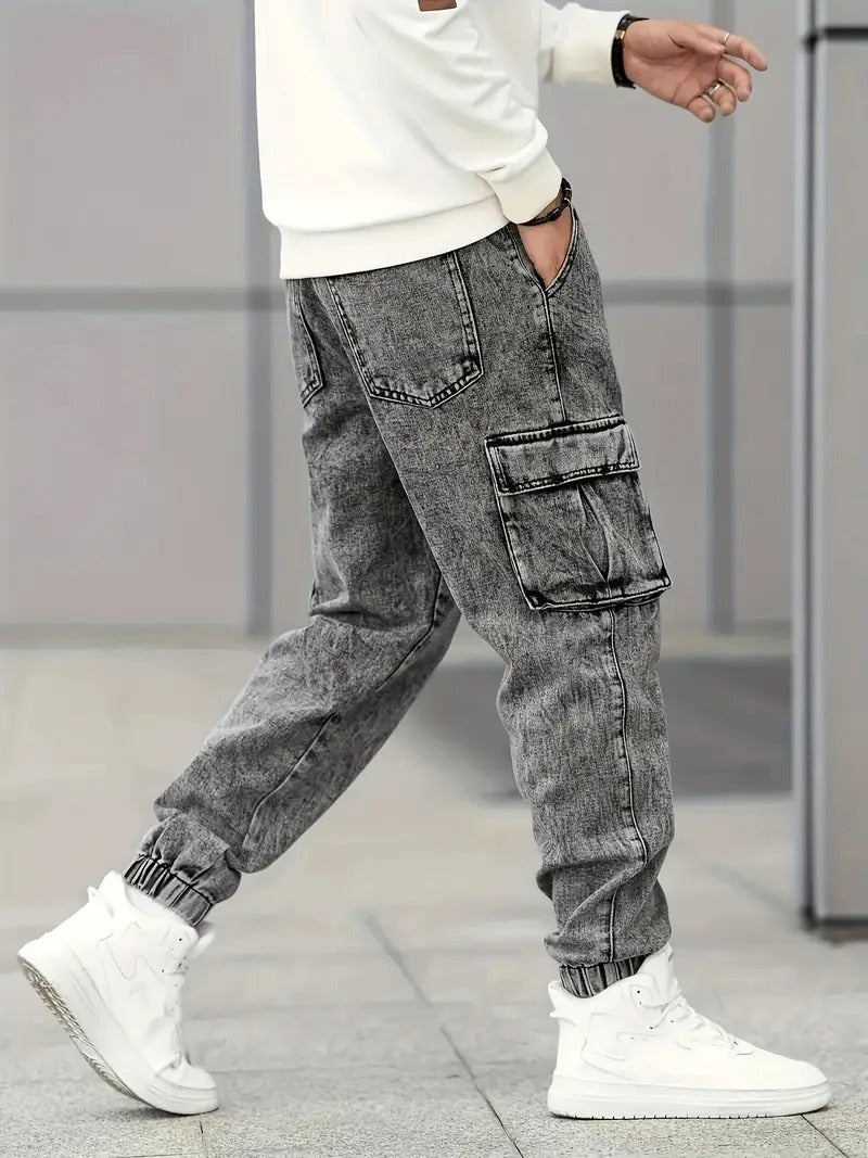 Men's Slim Fit Cargo Jeans - Stylish Gray Denim with Multiple Pockets, Durable Cotton/Polyester Blend, All-Season Wear
