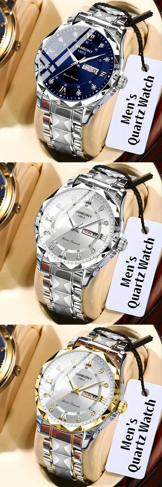 1pc Stainless Steel Strap Men's Roman Numerals Dial Rhinestones Multifunctional Watch