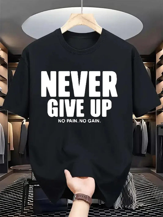 Men's Motivational "NEVER GIVE UP" Graphic Print Short Sleeve T-Shirt - Dark Green, Regular Fit, Round Neck, Summer Casual