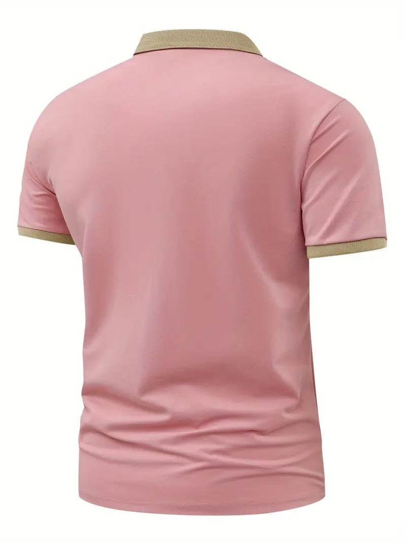 New Pattern Hot Selling Khaki Collar Pink Color Matching Fashion Shirt Short Sleeve Turnover Shirt Mature Men's
