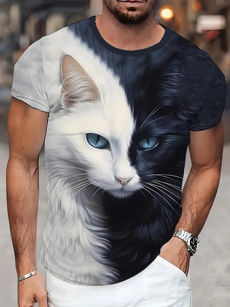 Men'S 3D Cat Print T-Shirt, Casual Crew Neck, Polyester 90% Spandex 10% Knit Fabric, Slight Stretch